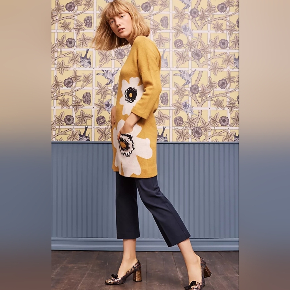 Anthropologie Yellow Floral Knit Dress